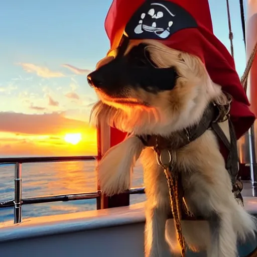 Image similar to a dog dressed like a pirate on a ship at sea at sunset