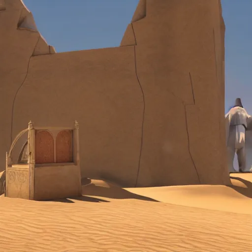 Image similar to a still of from the movie lawrence of arabia crossover with the game myst