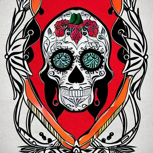 Image similar to a small vector tattoo design. art nouveau sugar skull.