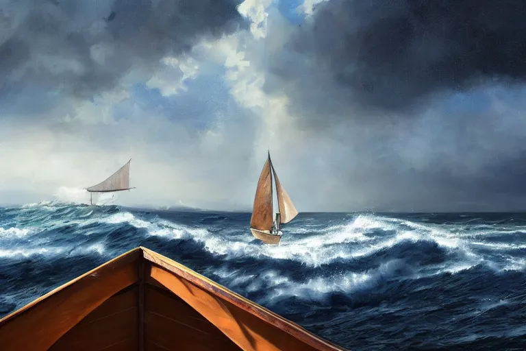 Image similar to a real photographic landscape painting with incomparable reality, super wide, ominous sky, sailing boat, wooden boat, lotus, huge waves, starry night, harry potter, volumetric lighting, clearing, realistic, james gurney, artstation