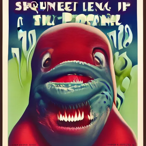 Prompt: Blast of liquid toothpaste covering the creature\'s face, big teeth smiling monster, toothpaste vintage advertisement poster printed CMYK ink coloured lithography