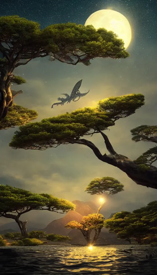 Image similar to big koi fish swimming in the sky over moonlit socotra island with dragon trees, starry night, sharp focus, wide shot, trending on artstation, masterpiece, by greg rutkowski, by ross tran, by fenghua zhong, octane, soft render, ultrarealistic, colorful, cinematic, midsommar