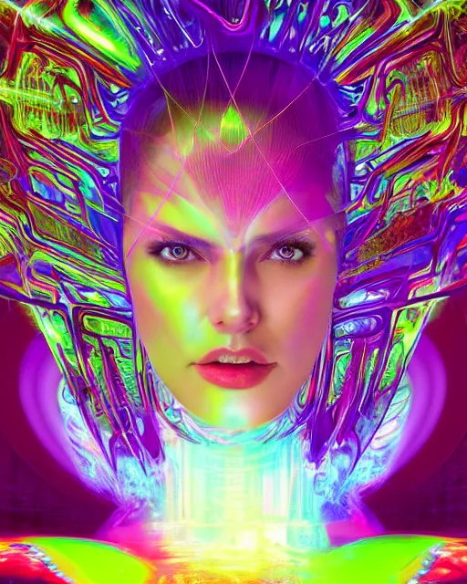Image similar to a powerful energy psychedelic matrix woman, by alexander fedosav, hyper detailed digital matte painting, concept art, hyperrealism, 1 6 k resolution, cinema 4 d, 8 k resolution, trending on artstation, behance hd, a masterpiece, by stephan martiniere, particles, cel - shaded, power bright neon energy, by david a. hardy,