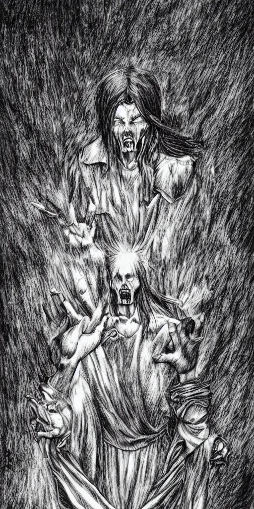 Image similar to Jesus, horror, creepy, dark, manga, pencil, inspired by junji ito, superior quality, masterpiece