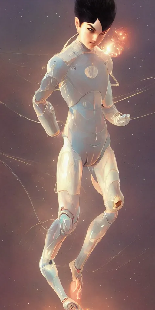 Prompt: astroboy the boy robot with half of his body made of transparent material, intricate, elegant, highly detailed, digital painting, artstation, concept art, smooth, sharp focus, illustration, art by artgerm and greg rutkowski and alphonse mucha and william - adolphe bouguereau