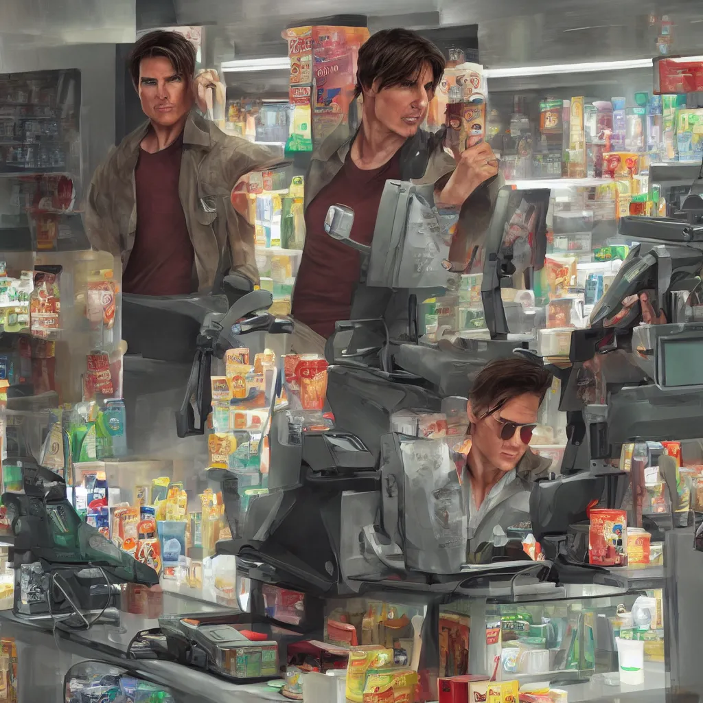 Image similar to Tom Cruise working as a 7/11 cashier, artstation, accurate, 8k, HD