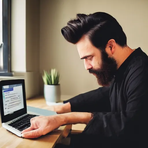 Prompt: dark-haired man with trimmed beard using desktop computer