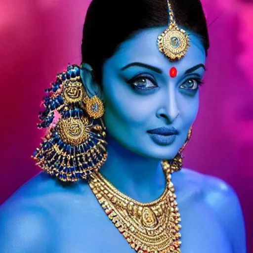 Image similar to extremely beautiful aishwarya rai as a blue - skinned indian goddess with six arms, symmetric, aesthetic!!!, cosplay, studio lighting, beautiful symmetric face, clean composition, highly symmetric body parts, gazing eyes, blue skin, blue body paint