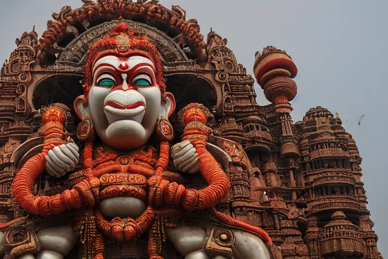 Image similar to high quality 3 d cyberpunk biomorphic hanuman head building in the middle of mumbai!!, kalighat highly detailed, cinematic smooth, stephen shore & john j. park, soft morning light, wide shot, high angle, uhd 8 k, deep focus