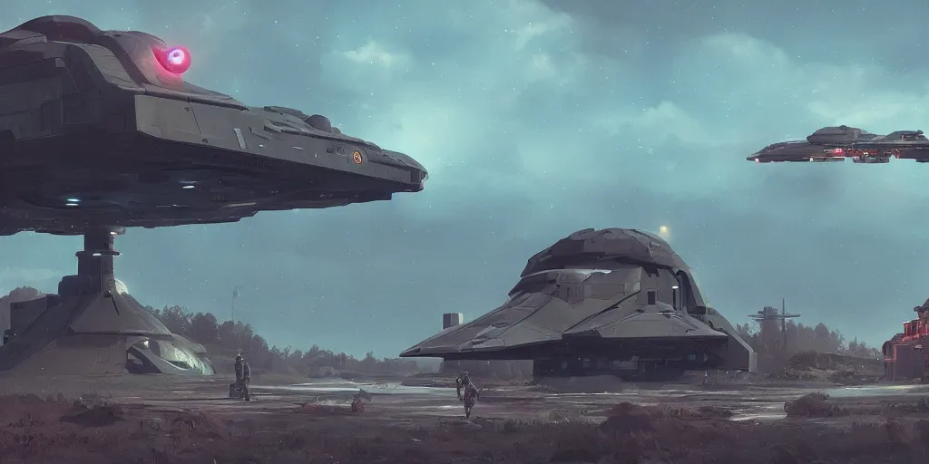 Prompt: a militarised spaceship parked near a a kerala village, establishing shot, action scene, photorealistic, 4k, matte painting, trending on artstation, cinematic by simon stalenhag, horizon forbidden west