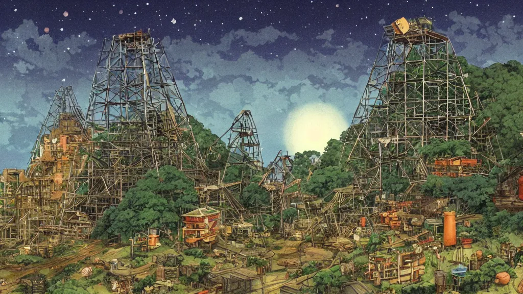 Image similar to a movie still from a studio ghibli film showing a huge industrial mining facility. a pyramid is under construction in the background, in the rainforest on a misty and starry night. by studio ghibli