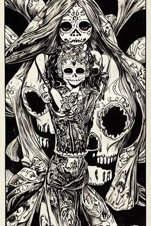 Prompt: Illustration of a sugar skull day of the dead girl, art by bernie wrightson