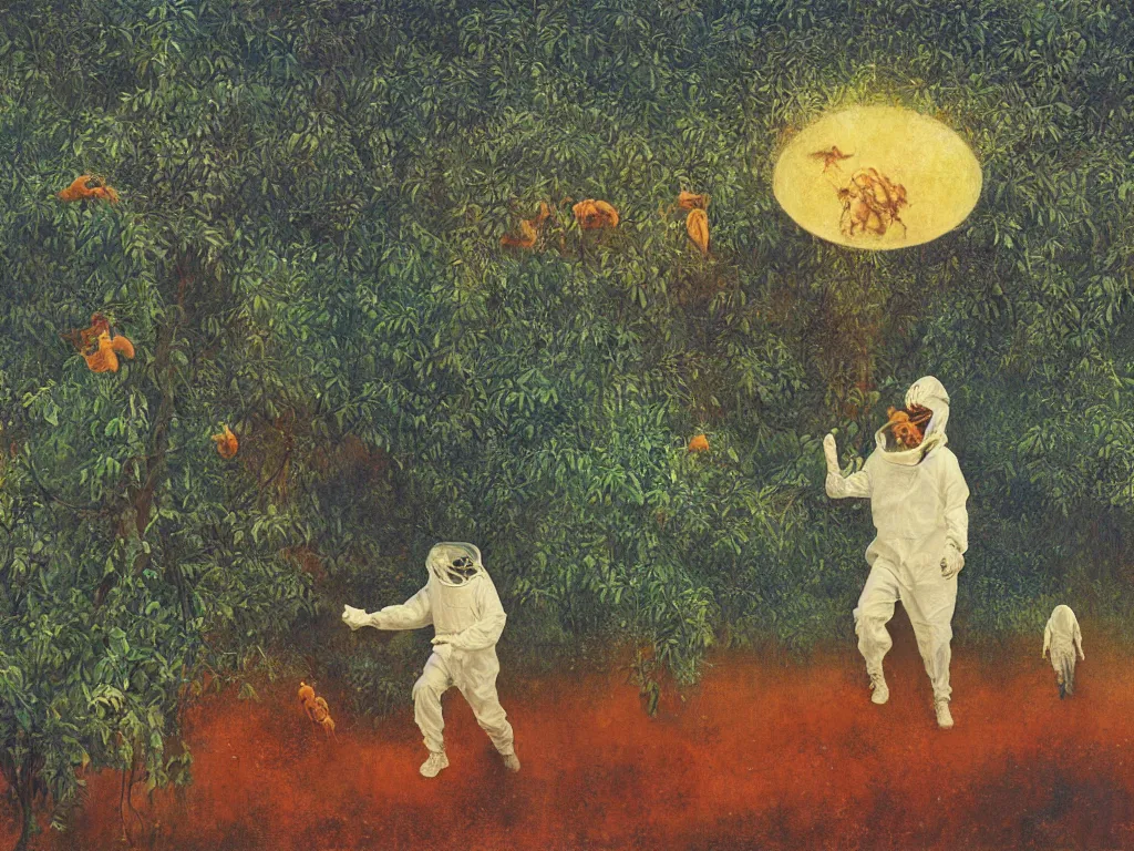 Image similar to man in white beekeeper suit with burning orchard and jungle animals running from the devil. painting by mikalojus konstantinas ciurlionis, bosch, wayne barlowe, agnes pelton, rene magritte