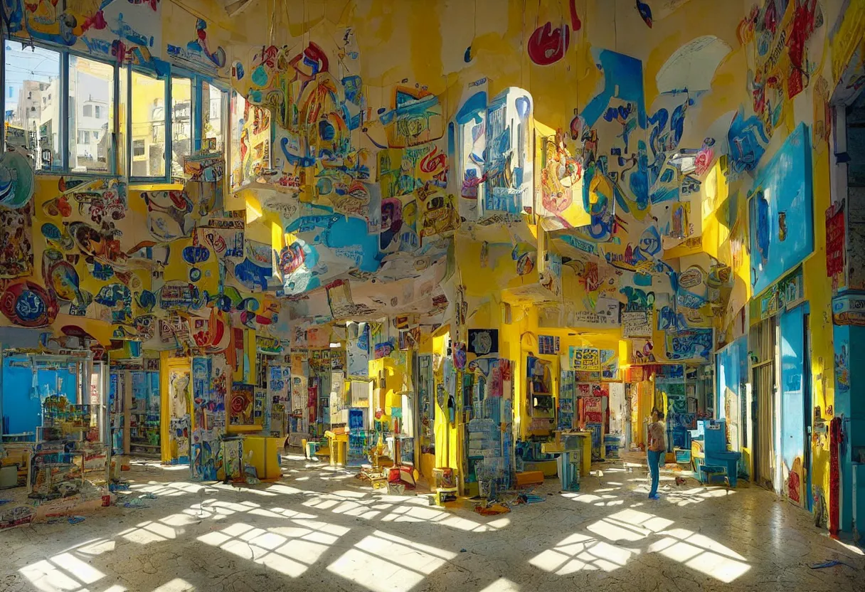 Image similar to happy and bright photo of an empty interior location in tel aviv, vivid colors, sun light, cinematic scenery, art by gregory crewdson