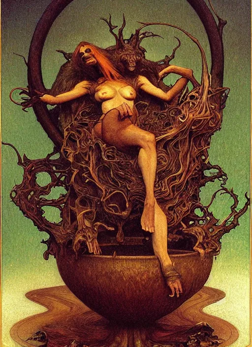 Prompt: hyper realistic painting of a cauldron with fire inside, a djinn dwnces around it, a fox lurks in the style of wayne barlowe, gustav moreau, goward, gaston bussiere and roberto ferri, santiago caruso, and austin osman spare, bouguereau, alphonse mucha, saturno butto. occult art