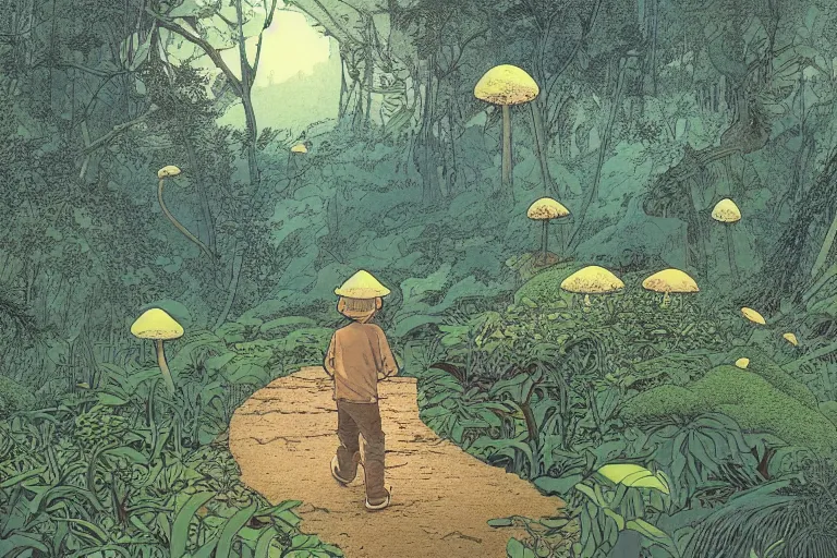 Prompt: down view of a young boy with a hat on a large open path entering a vast fantasy forest with a distant clearing, giant mushrooms, large white paradise birds and fireflies flying, exotic vegetation, large rocks with thick moss, huge suspended wooden bridge, very graphic illustration by moebius and victo ngai, color comics style, dynamic lighting, early morning mood