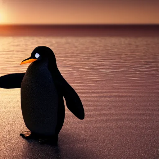 Prompt: realistic penguin at the beach during sunset. high details. 3 d render, octane render, wallpaper