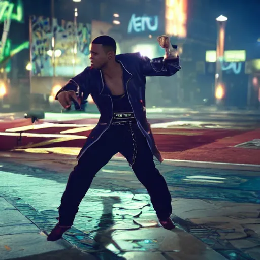 Image similar to a videogame still of Chris Brown in Tekken 7, 40mm lens, shallow depth of field, split lighting
