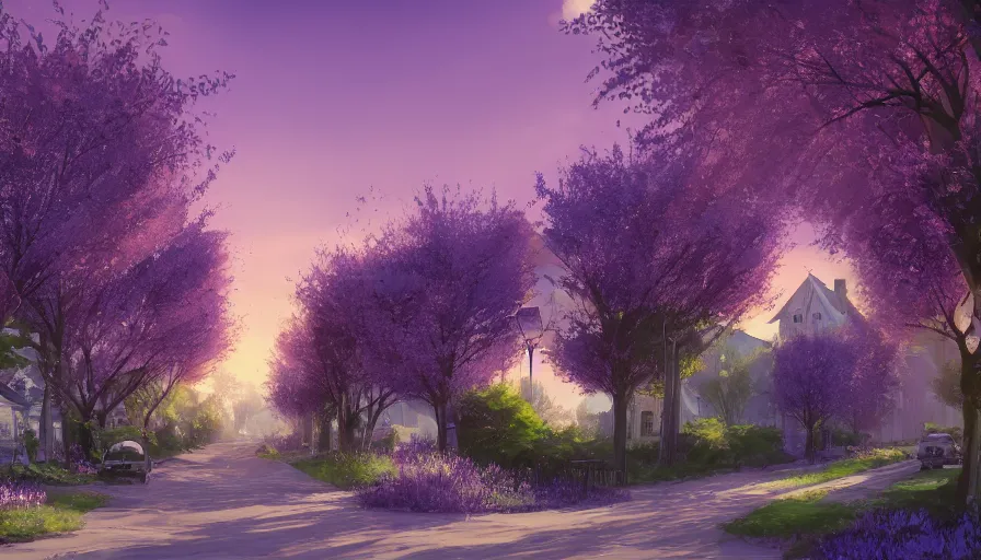 Image similar to landscape of a beautiful street full of wysteria flowers, purple lighting, sunset, dusk. old houses by the roads and fir trees. hyper detailed, artstation cgsociety, 8 k