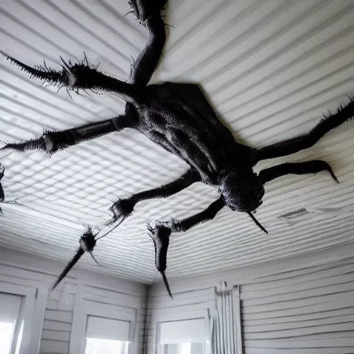 Image similar to picture of bedroom ceiling with spider monster elon musk crawling on ceiling, horror, cryptid, monster, horror, black, dark, horror,