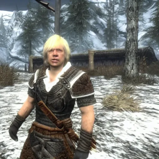 Prompt: video game screenshot of boris johnson in skyrim