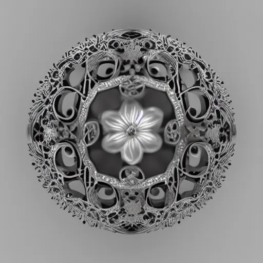 Prompt: filigree nordic jewelry isolated on white background and a flower in the background, refraction, occlusion, keyshot render, octane render, vray render