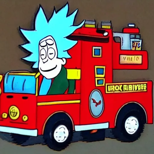 Prompt: Rick Sanchez driving a fire engine