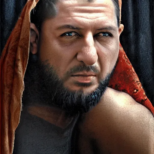Image similar to portrait of ramzan kadyrov, photo - realistic, color image, 2 k, highly detailed, by h. r. giger