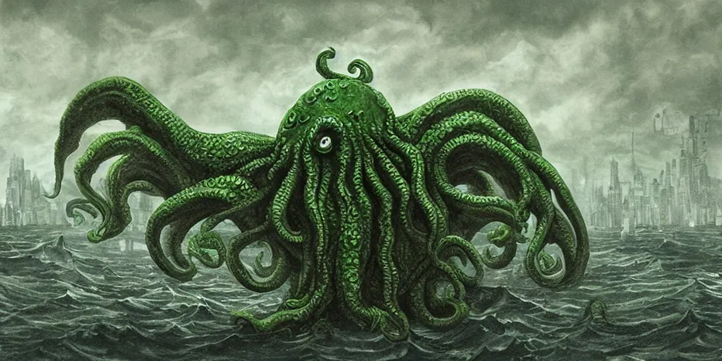 Prompt: a giant cthulhu threatening a city from the horizon while people are terrified, year 1920, digital art, shades of green