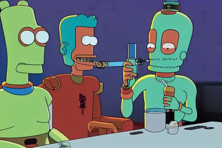 Prompt: a cinematic still of Bender smoking weed with Leila on a podcast, smoke, octane render, nvidia raytracing demo, in Futurama (1999)