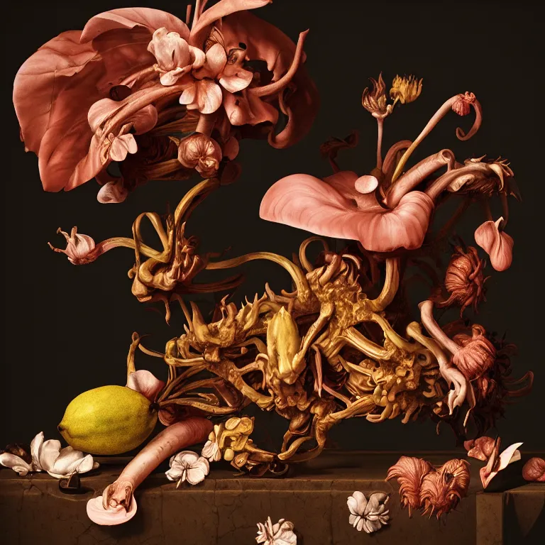 Prompt: still life of rotten flesh, beautiful tropical flowers, human spine, tropical fruit baroque painting, beautiful detailed intricate insanely detailed octane render, 8K artistic photography, photorealistic, chiaroscuro, Raphael, Caravaggio