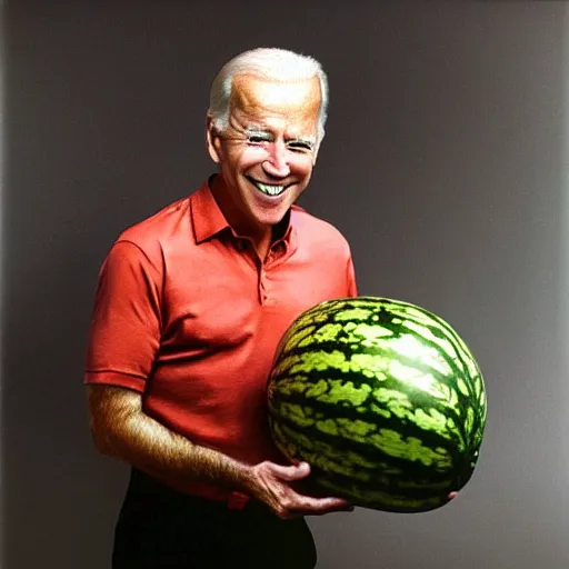 Image similar to joe biden is surprised by a watermelon, photographed by anne geddes, trending on artstation,