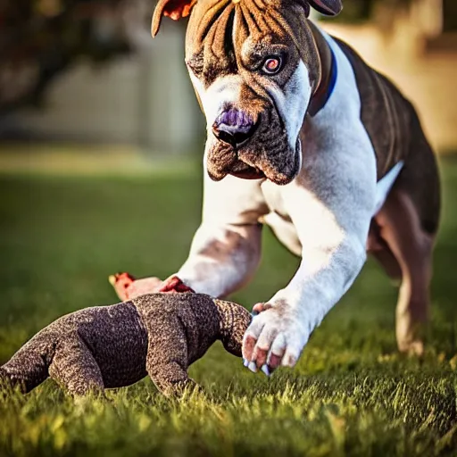 Image similar to pitbull boxer mix with brindle coat and white paws and white chest playing with a dinosaur plushie. photo. realistic. hyper realistic. outside photography. sunny day.