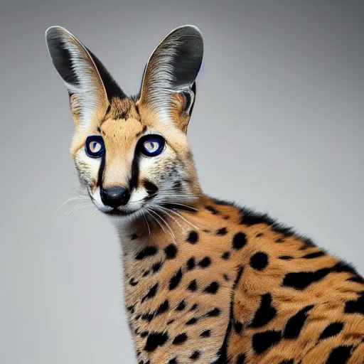 Image similar to beautiful photo of a serval with exotic black markings and blue eyes, 4 k, studio lighting, global illumination, detailed, front page of art station