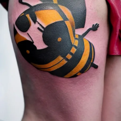 Prompt: a tattoo of bee movie by pixar on the clear back of a woman with crimson - red hair, tattooist is anonymous