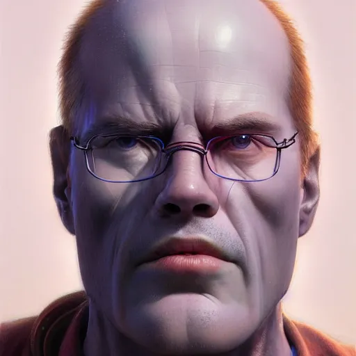 Image similar to a hyper - realistic character concept art portrait of a computer man, depth of field background, artstation, award - winning realistic sci - fi concept art by jim burns and greg rutkowski, beksinski, a realism masterpiece, flesh - tone color palette, james gilleard, bruegel, alphonse mucha, and yoshitaka amano.