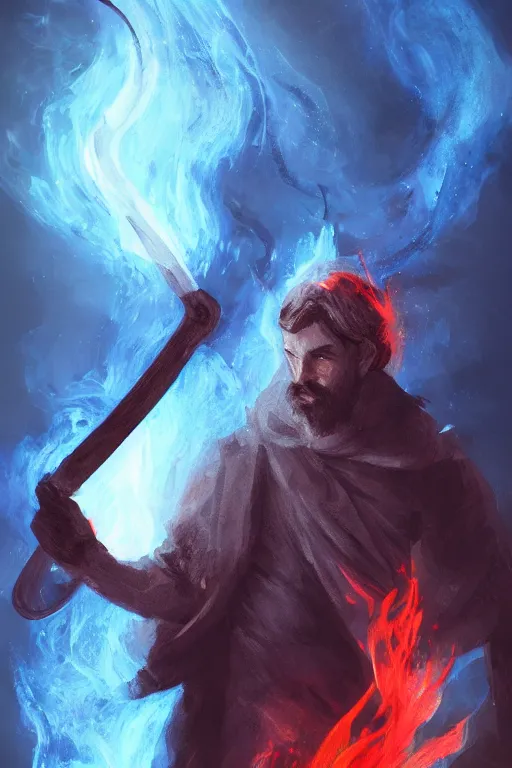 Image similar to a mysterious man holding a fire scythe in blue flames, WLOP, Ross Draws, mixed media, digital art, trending on artstation, 8k, epic composition, highly detailed, AAA graphics