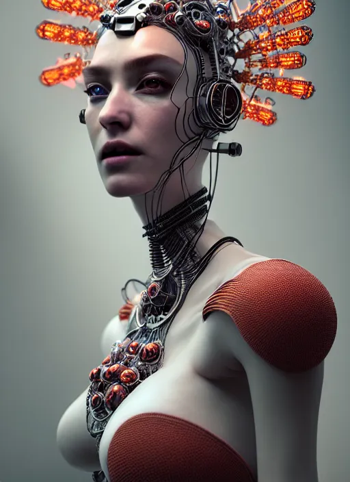 Prompt: absurdly beautiful, graceful, sophisticated, fashionable cyberpunk mechanoid carying perfume, by irakli nadar and alexandre ferra, intricate linework, white porcelain skin, faberge, coral headdress, unreal engine 5 highly rendered, global illumination, radiant light, detailed and intricate environment