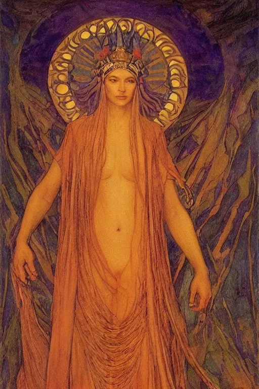 Image similar to goddess of the moonlit mountains with her regalia, by Annie Swynnerton and Nicholas Roerich and jean delville, dramatic cinematic lighting , ornate headdress , flowing robes, lost civilizations, extremely detailed