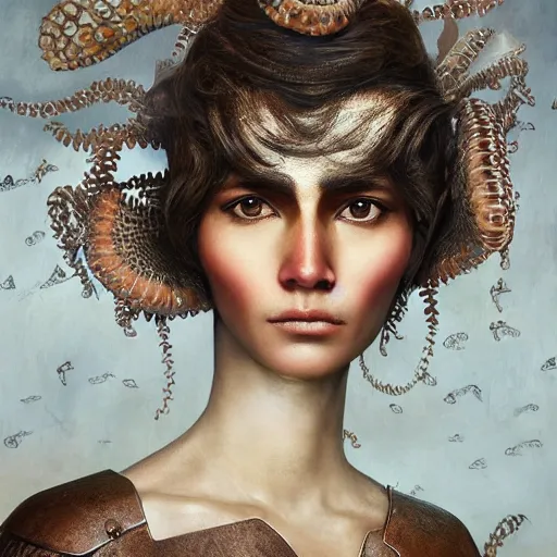 Prompt: a close - up shot of a brown woman wearing an armor made of neonjellyfishes. soft lighting. fragile. haunting eyes!! coherent face!! no makeup!! very muted colors. by ray caesar. by louise dahl - wolfe. by andrea kowch. surreal photography