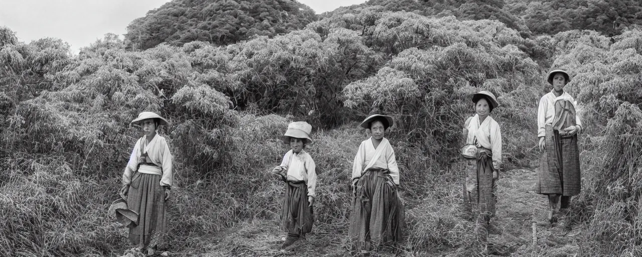 Prompt: rural 1 8 0 0 s japanese countryside, bountiful spaghetti, ultra - realistic faces, fine detail, canon 5 0 mm, in the style of ansel adams, wes anderson, kodachrome, retro