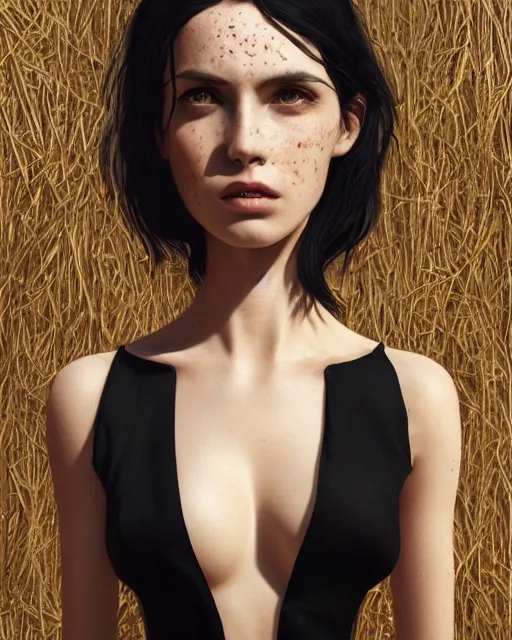 Prompt: 3 d animation of a half body portrait of juliana, wearing a risque outfit made from straw, black hair, freckles, pale skin, photo by greg rutkowski, high fashion, female beauty, intricate detail, elegance, sharp shapes, soft lighting, vibrant colors, masterpiece