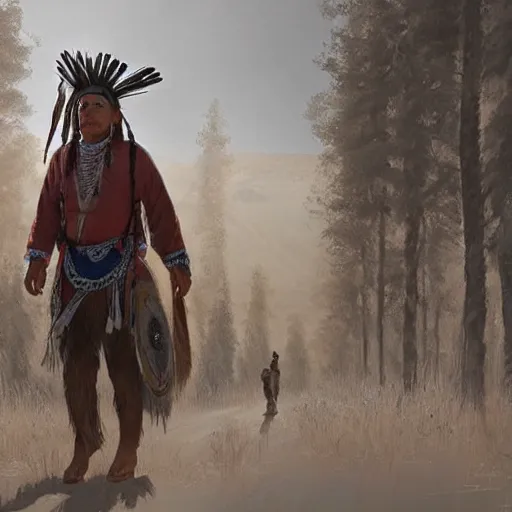 Prompt: native american indigenous man wearin traditional clothing walking to the left, facing sideways, greg rutkowski, detailed artwork, unreal engine