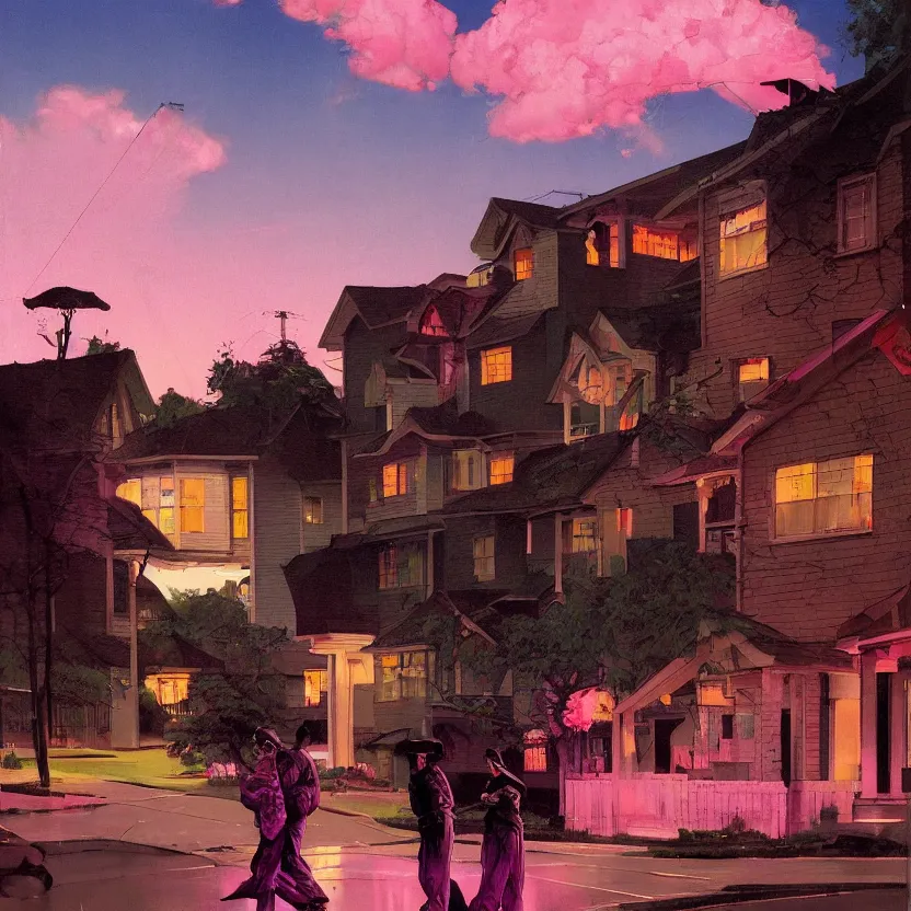 Image similar to a suburban neighborhood with deep pink, purple, and orange glowing clouds. misty atmosphere. highly detailed science fiction painting by norman rockwell, frank frazetta, and syd mead. rich colors, high contrast, gloomy atmosphere, dark background. trending on artstation.