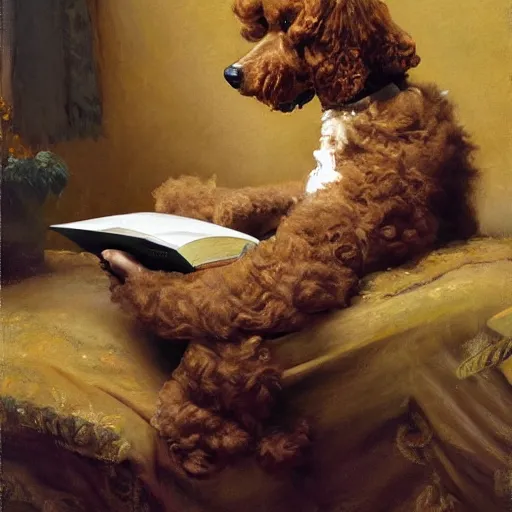 Image similar to a poodle reading a big book, highly detailed painting by gaston bussiere, craig mullins, j. c. leyendecker 8 k