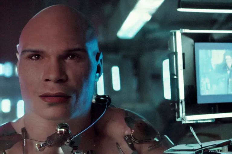 Image similar to cyborg - pitbull, surrounded by screens, in 4 0 5 5, y 2 k cybercore, industrial low - light photography, still from a kiyoshi kurosawa movie