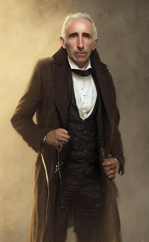 Image similar to portrait of nigel hawthorne as a middle aged victorian gentleman, suit and waistcoat, male, detailed face, victorian, highly detailed, cinematic lighting, digital art painting by greg rutkowski