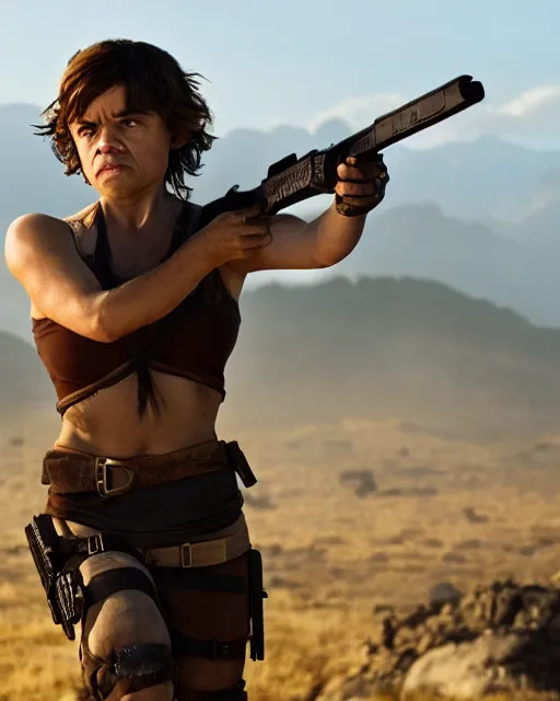 Prompt: peter dinklage as lara croft, golden hour, cinematic