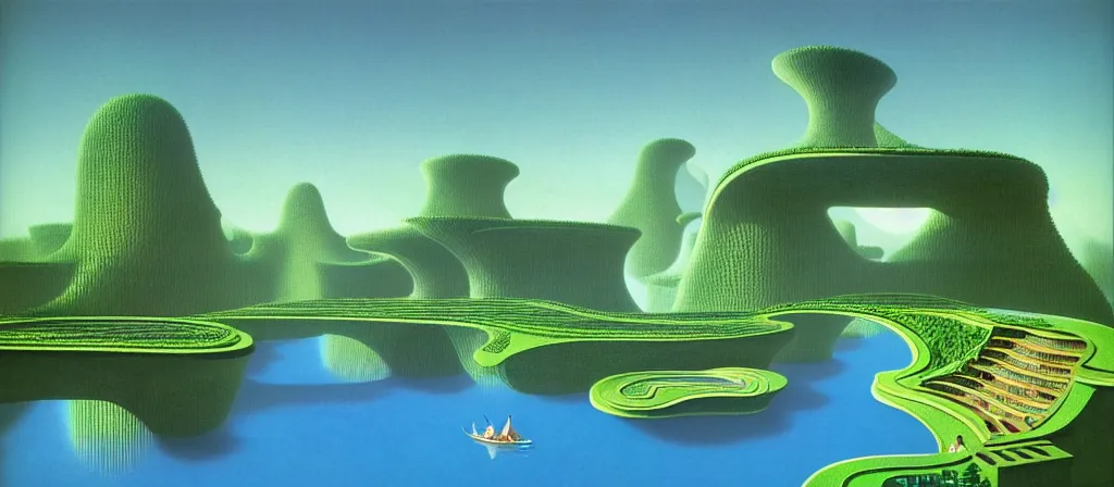 Image similar to huge gargantuan angular dimension of infinite poolrooms, buildings by escher and ricardo bofill. utopian landscape by roger dean. magical realism, surrealism, waterfalls, clouds, mallsoft, vaporwave, trending on artstation, shot from below, epic scale