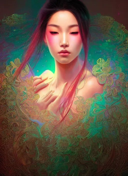 Image similar to beautiful young Asian woman, gorgeous face, sad eyes, tears, cyberpunk vaporwave aesthetic, synthwave, colorful, intricate, elegant, highly detailed, digital painting, artstation, concept art, smooth, sharp focus, illustration, art by artgerm and greg rutkowski and alphonse mucha